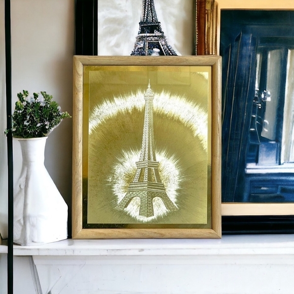 Vintage Art Golden Print Eiffel Tower Glass Wooden Frame Wall Decor Souvenir - Picture 1 of 3